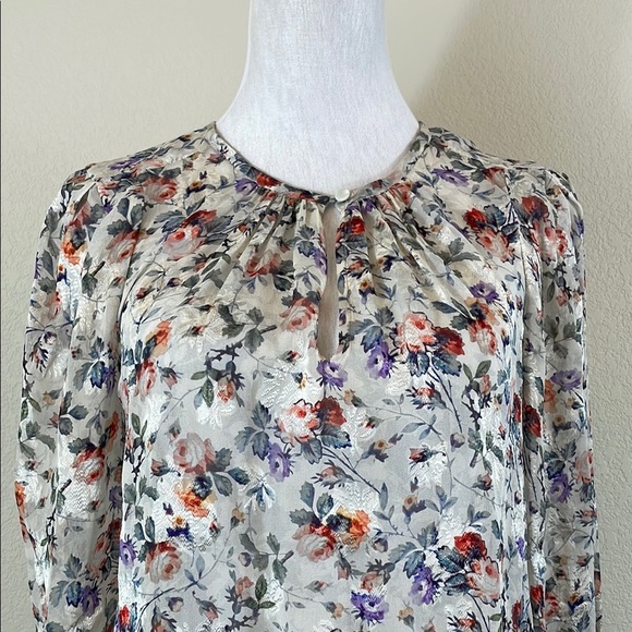Rebecca Taylor Sheer Floral Long Sleeve Blouse with Key Hole Front 4 - Picture 3 of 8